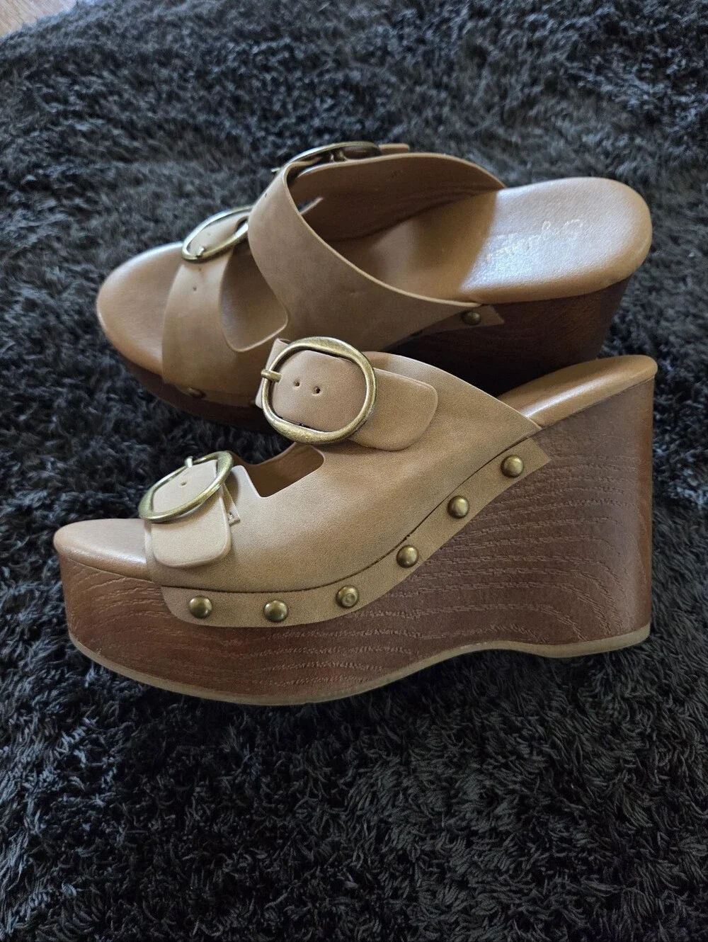 Seychelles Tan Double Buckle Stud Platform Wedge Sandals Size 8 Boho Western